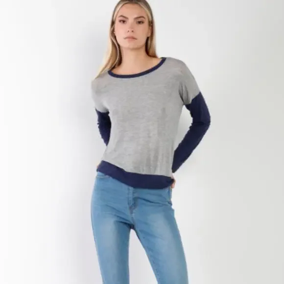 Gray Navy Lightweight Knit Distress Detailing Top - Picture 4 of 12